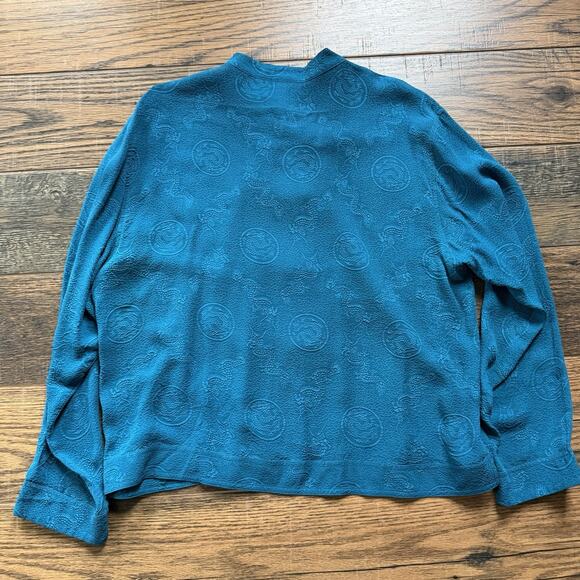 Vintage Chico’s Design 100% Silk Mandarin Collar Dragon Button Shirt Teal Sz 2 - Picture 2 of 6